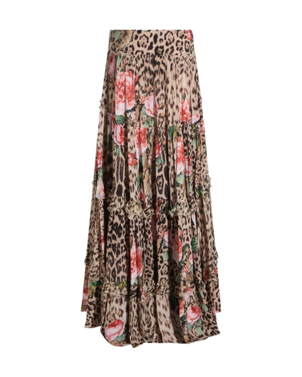 Roberto Cavalli Natural Tiered Animal-Print Skirt