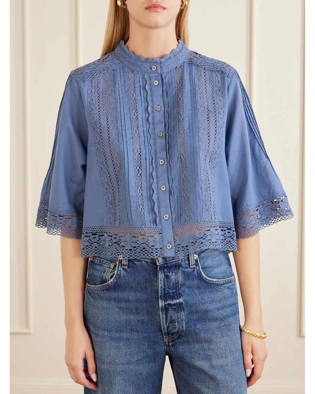 Sea Blue Crochet-Trimmed Cotton Blouse