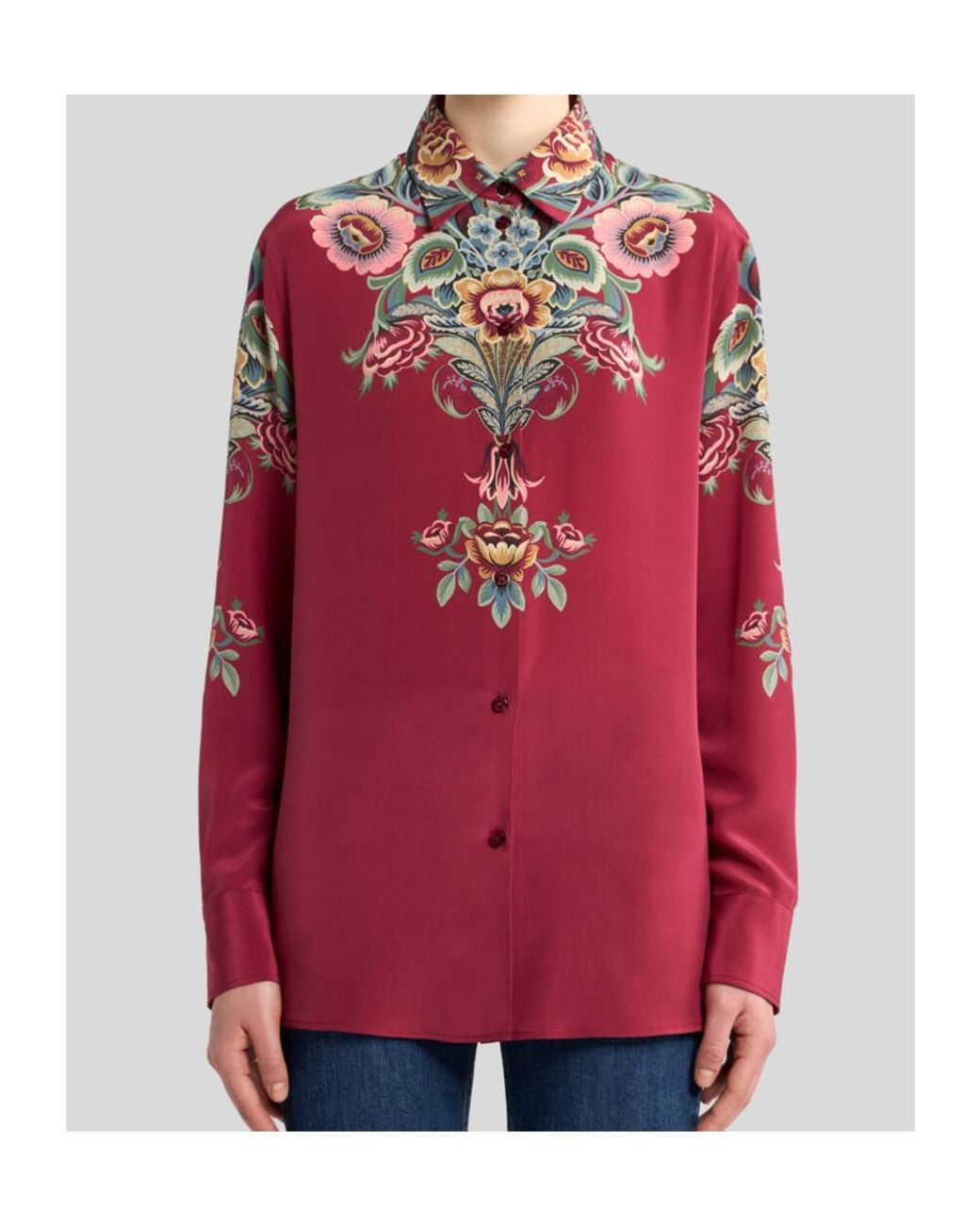 Etro Red Placed Printed Curved Hem Shirt
