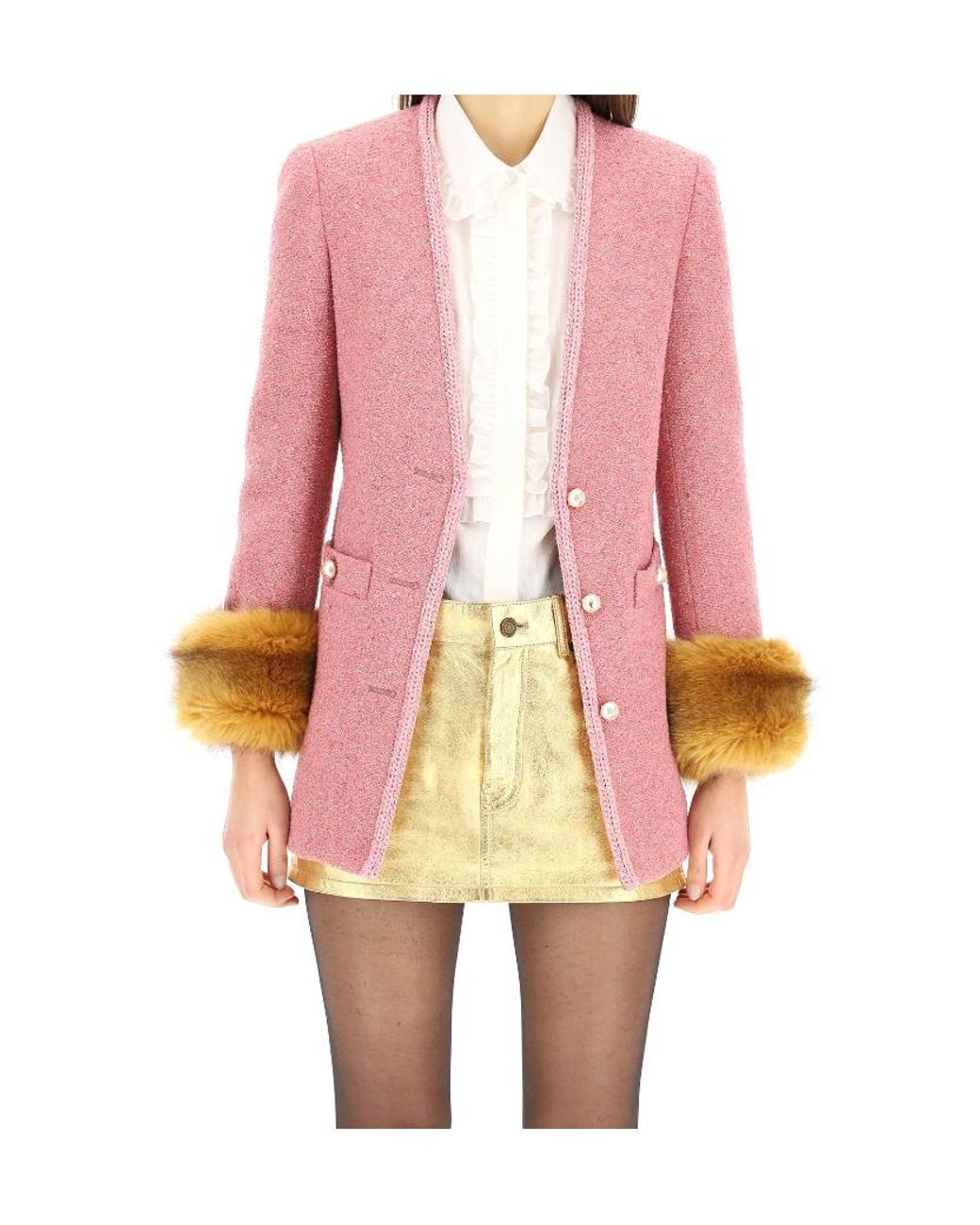 Saint Laurent Pink Faux-Fur Detail Fitted Jacket