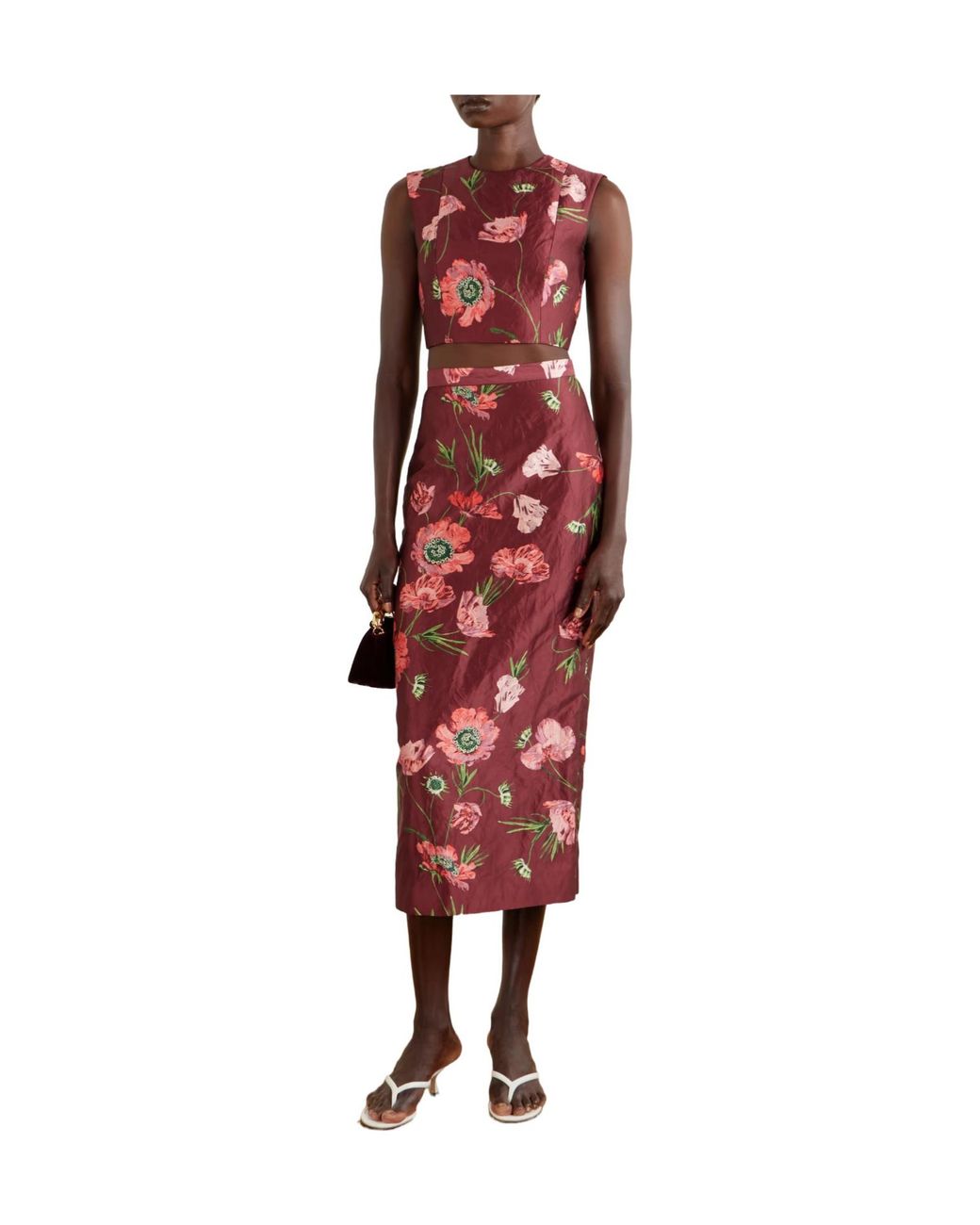 Erdem Red Floral-Printed Satin Midi Pencil Skirt