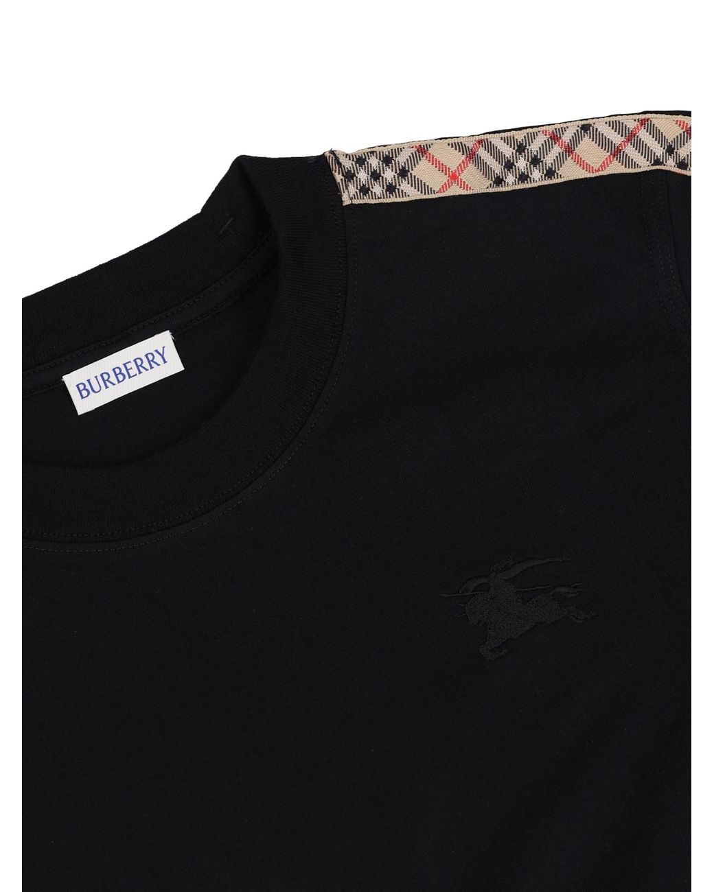 Burberry Black Logo Embroidered Check-Trim T-Shirt