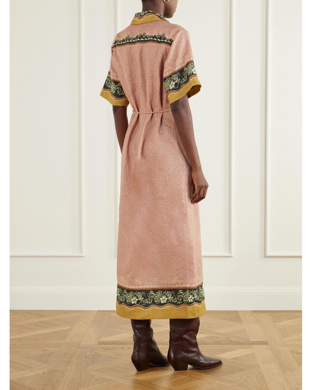 ALÉMAIS Metallic Belted Printed Hemp Midi Dress