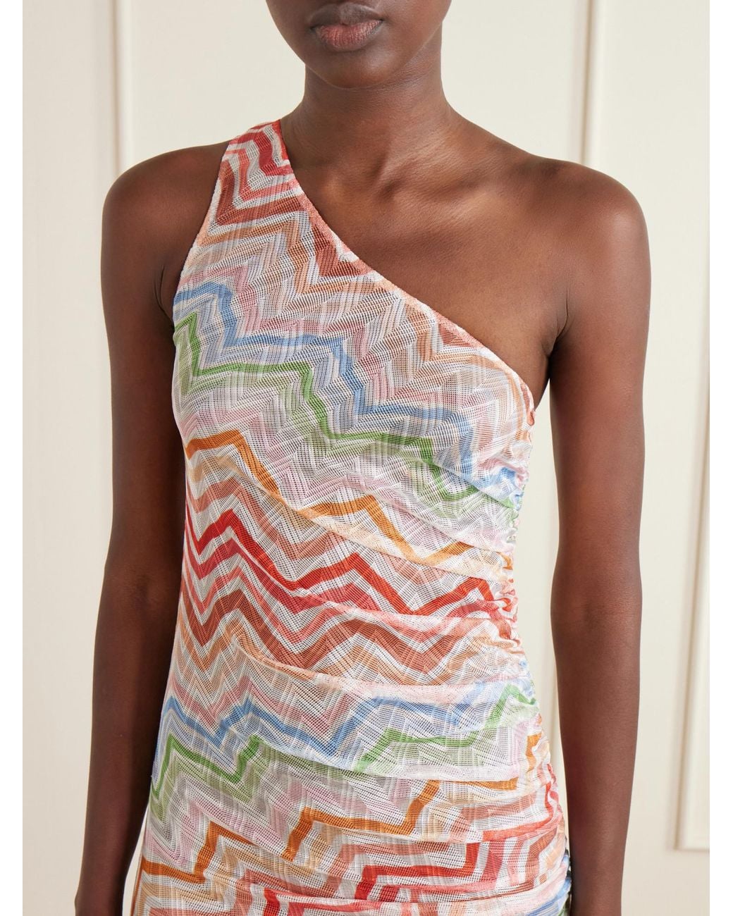 Missoni White One-Shoulder Fringed Striped Crochet-Knit Mini Dress