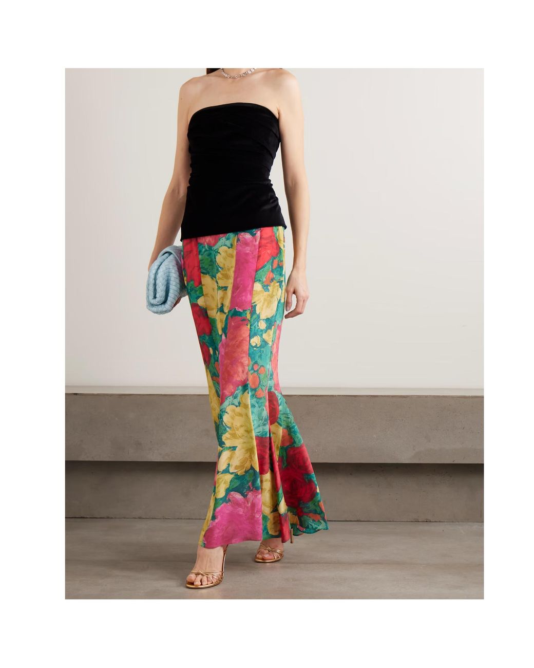 Balmain Red Paneled Floral-Print Silk Maxi Skirt