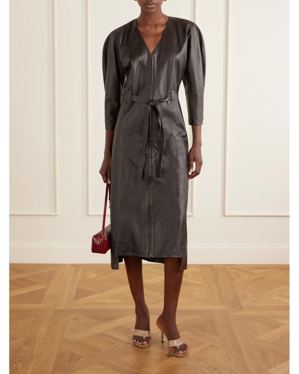 Victoria Beckham Brown Lace-Up Leather Midi Dress