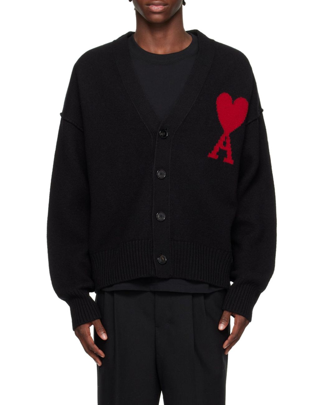 AMI Black Ami De Coeur V-Neck Cardigan for men