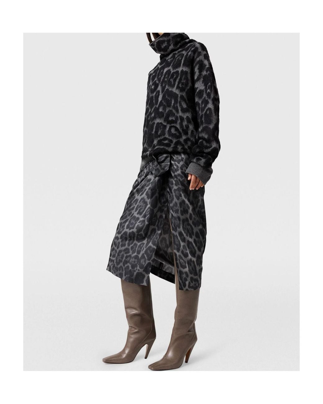 Stella McCartney Gray Knotted Asymmetric Leopard Midi Skirt