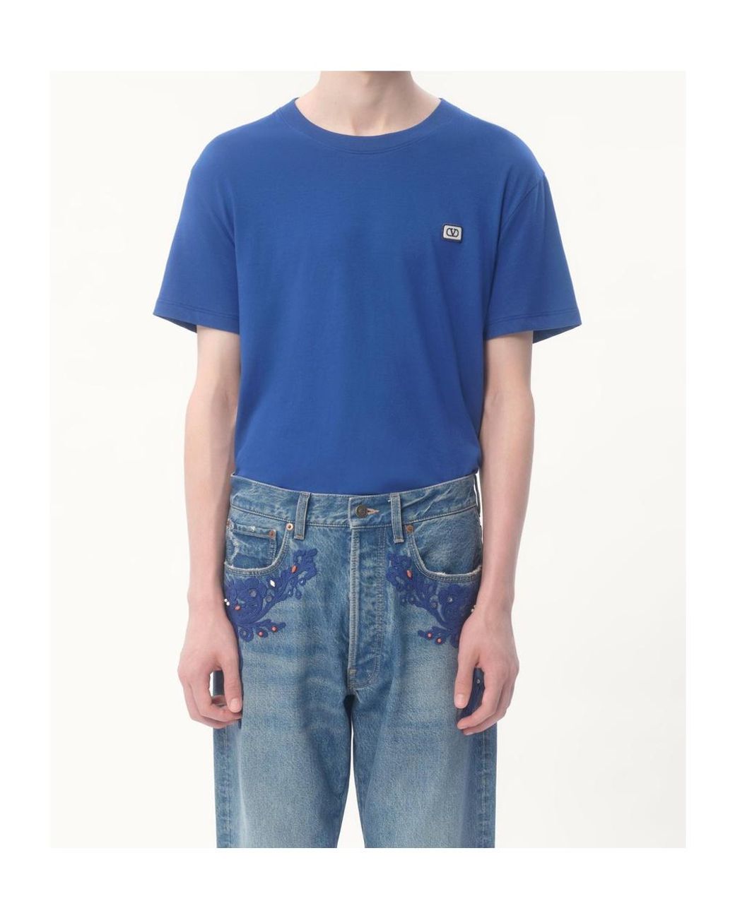 Valentino Blue Vlogo Embroidered Crewneck T-Shirt for men