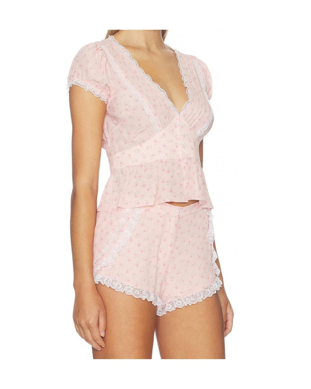 LoveShackFancy Pink Bondy Lace Trim Peplum Top