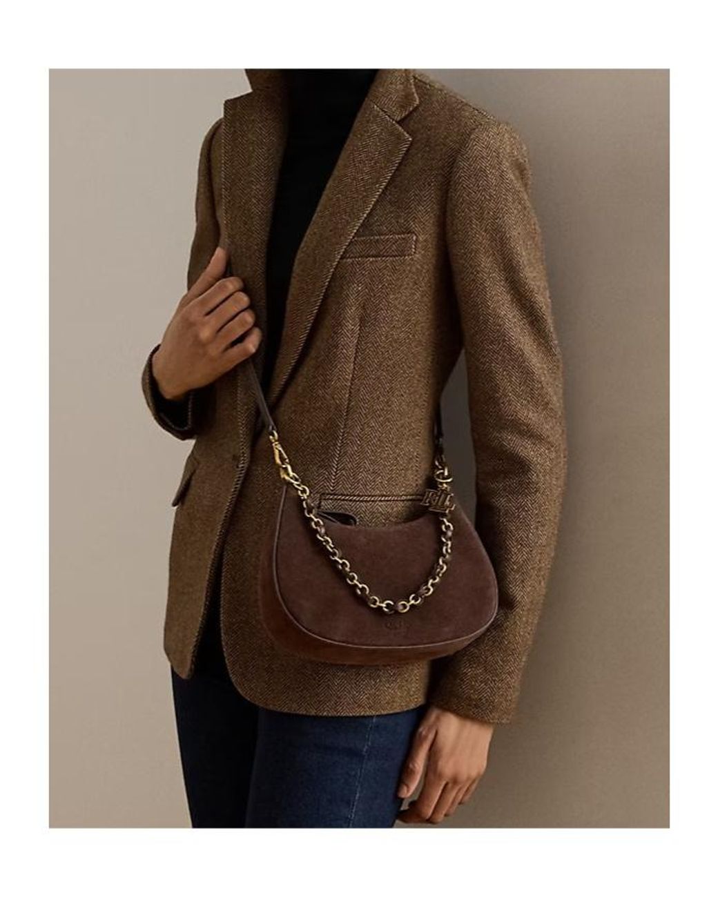 Ralph Lauren Brown Suede Medium Marcy Zip Shoulder Bag