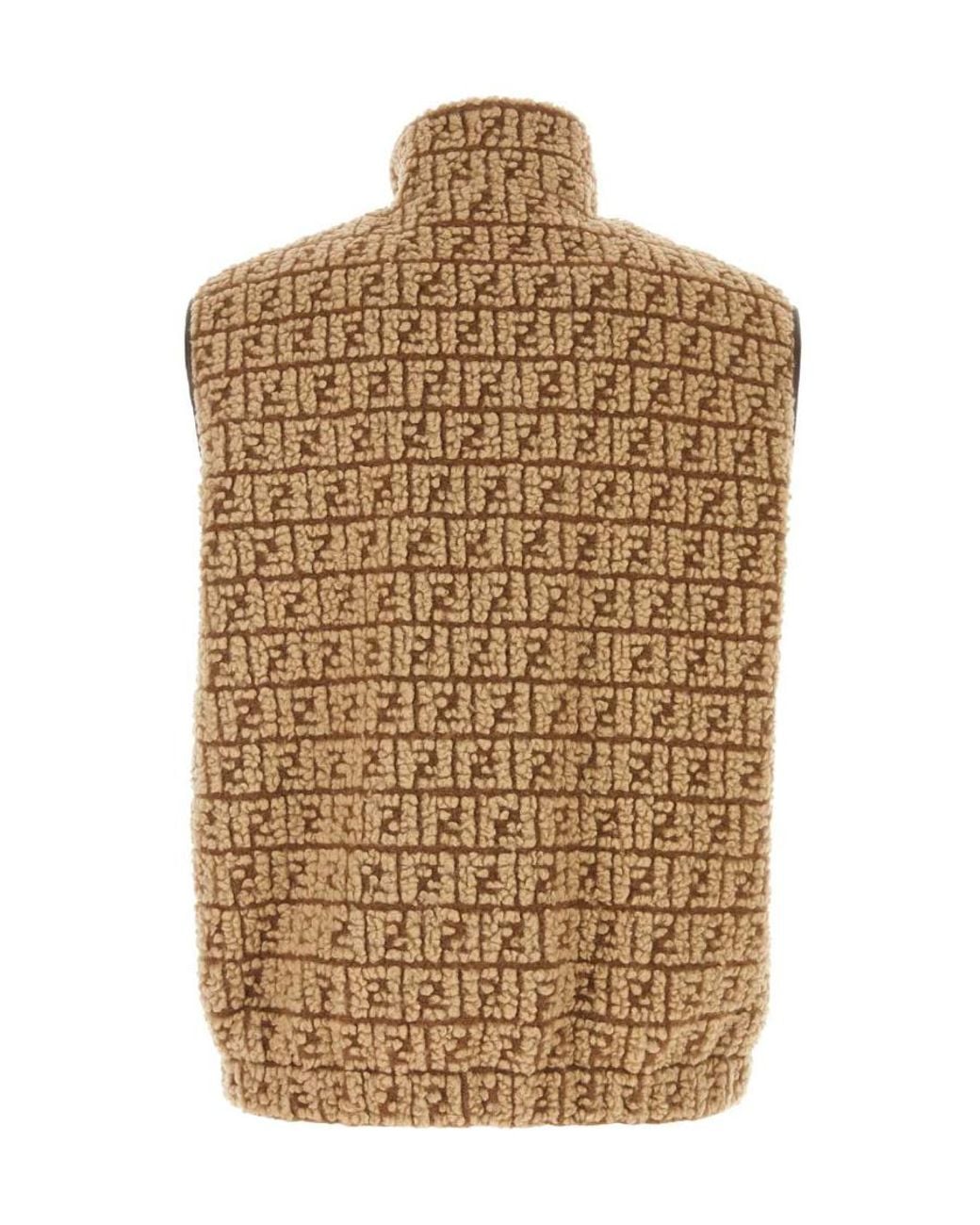 Fendi Brown High Neck Zip-Up Teddy Vest for men