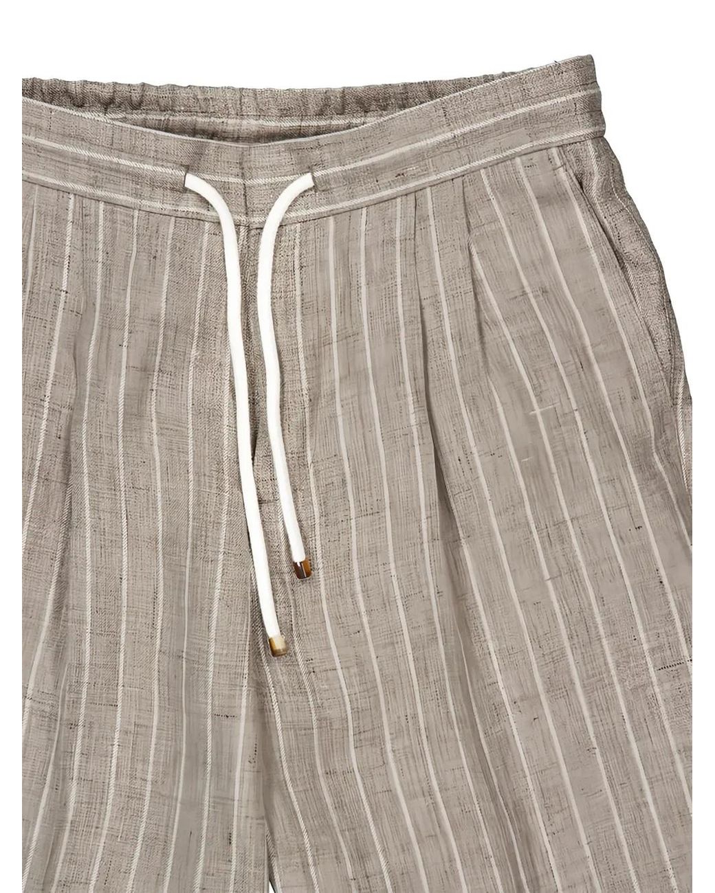 Brunello Cucinelli Gray Chalk Stripe Linen Twill Trousers With Drawstring And Double Pleats for men