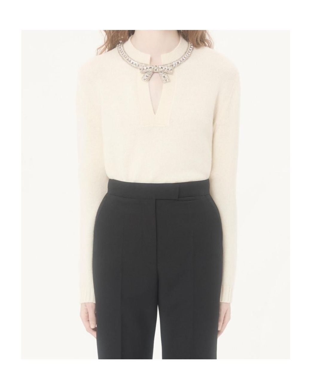 Valentino Natural Bow Embellished V-Neck Jumper