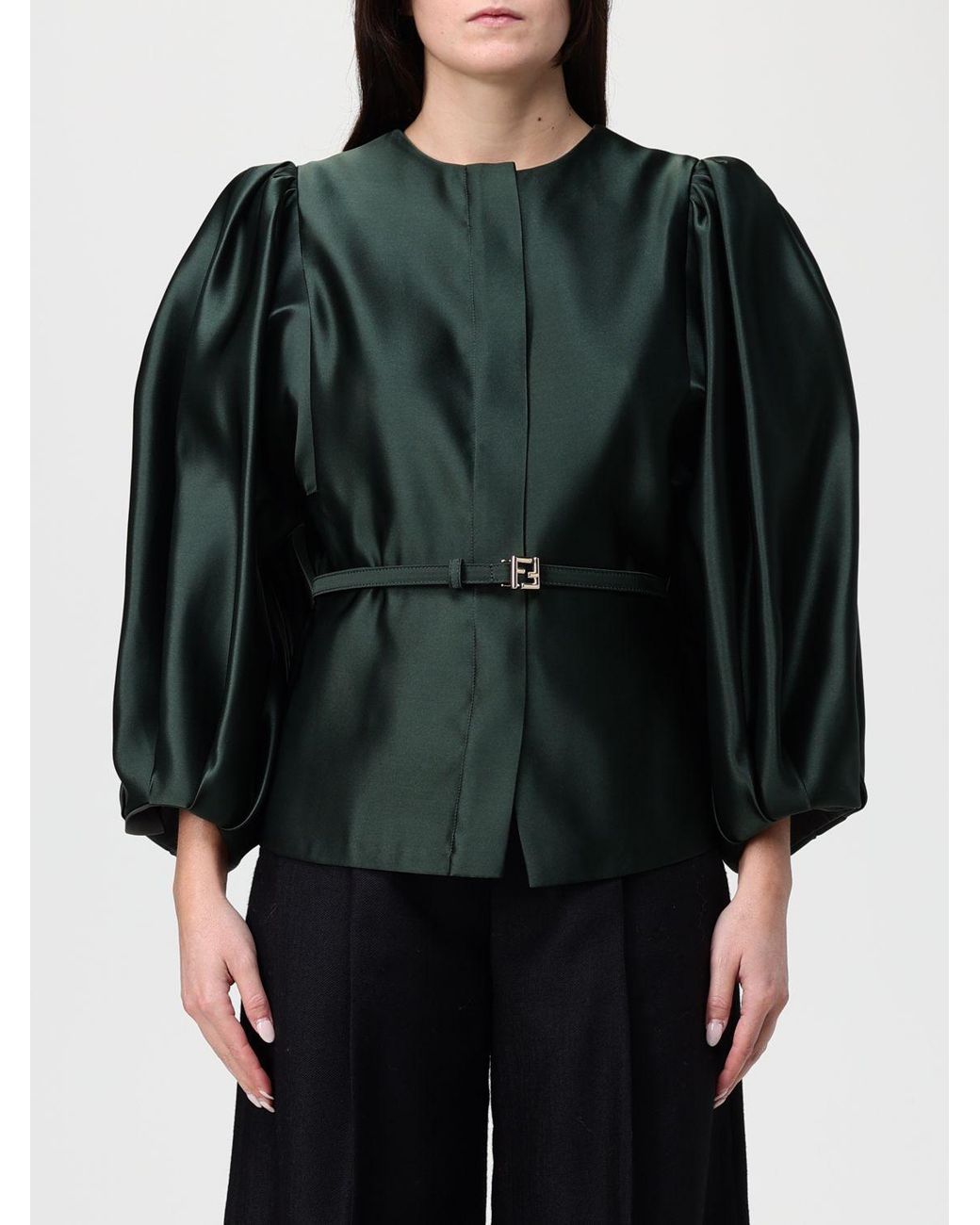Fendi Green Duchess Crewneck Belted Jacket