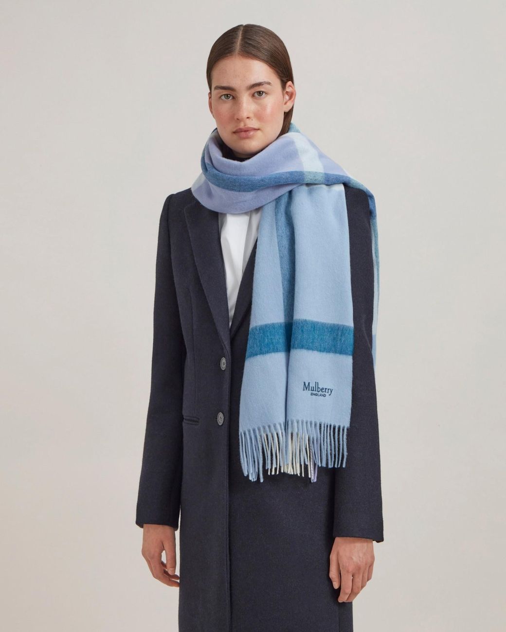 Mulberry Blue Large Plaid Wool Scarf