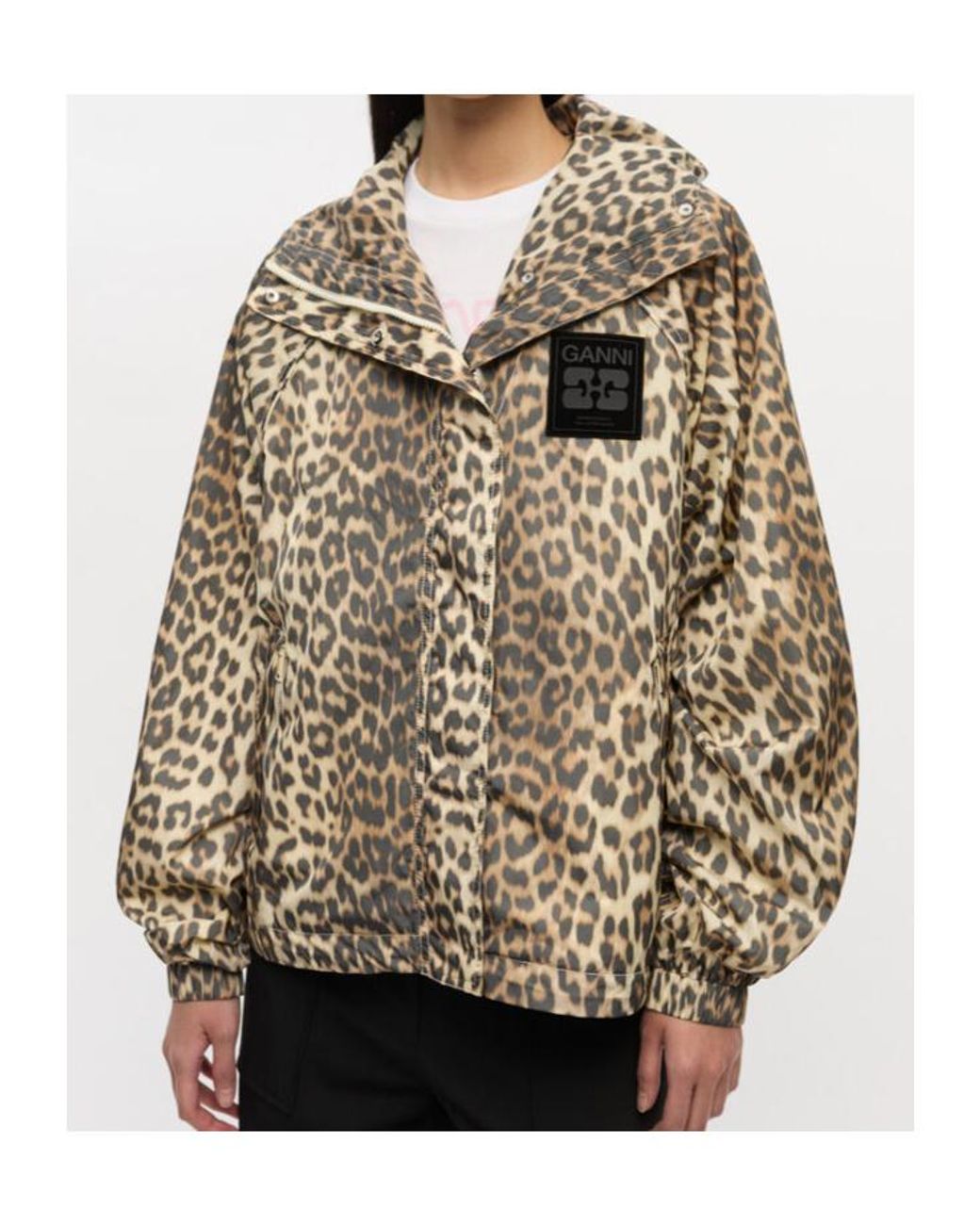 Ganni Natural Leopard Print Hooded Jacket