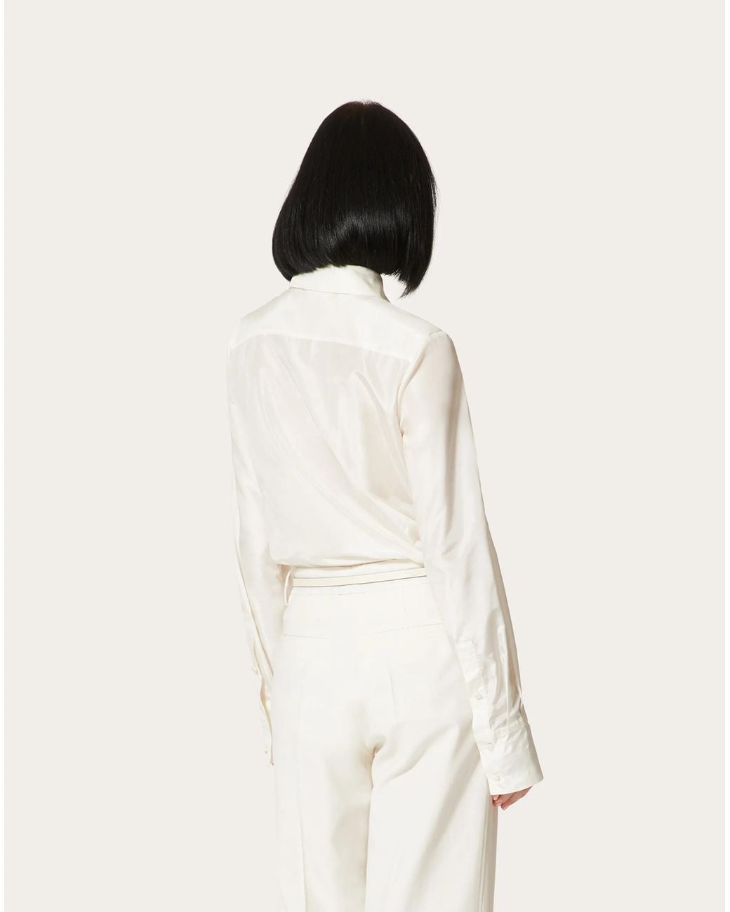 Valentino White Pussy Bow-Collar Silk Shirt