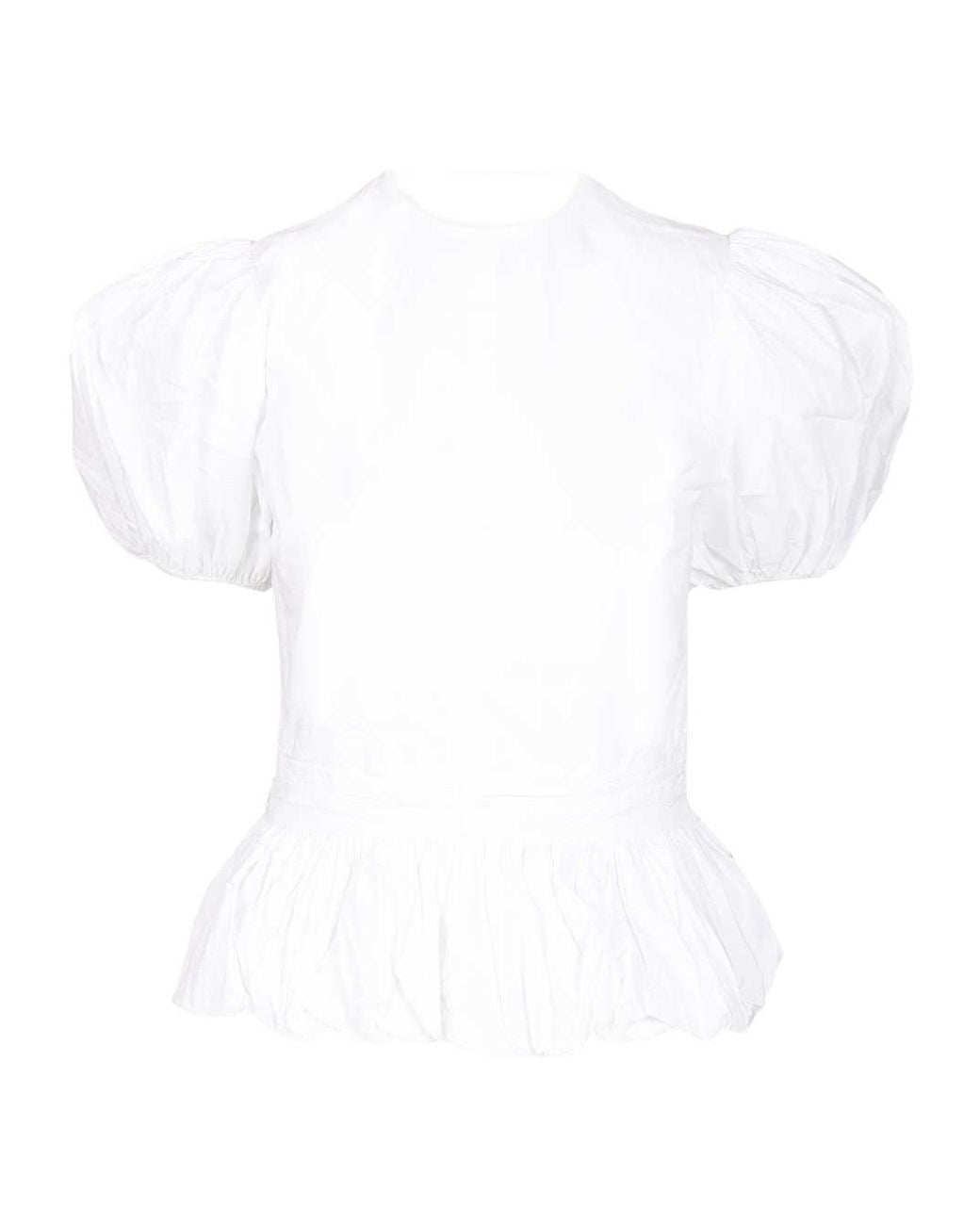 ROTATE BIRGER CHRISTENSEN White Short Puff Sleeved Crewneck Straight Top