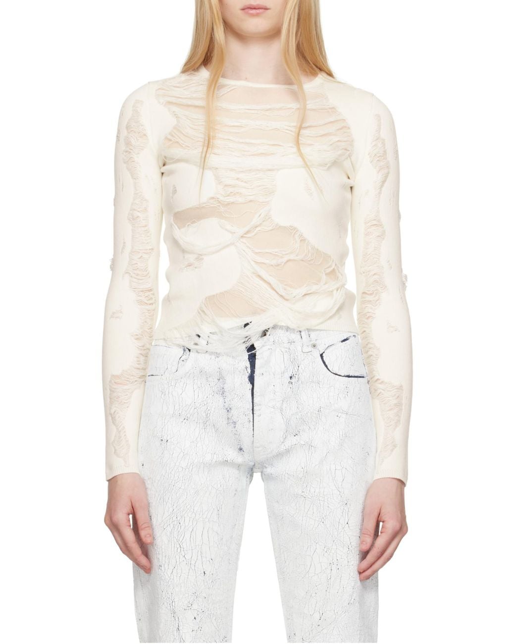 MM6 by Maison Margiela White Distressed Blend Jumper