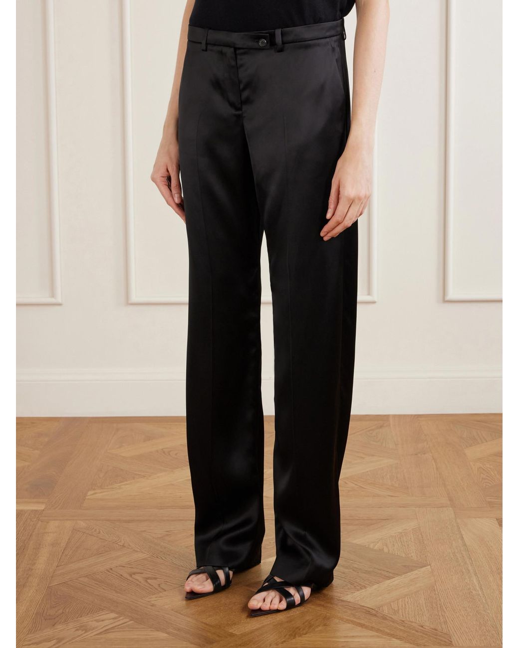 Khaite Black Satin Straight-Leg Pants