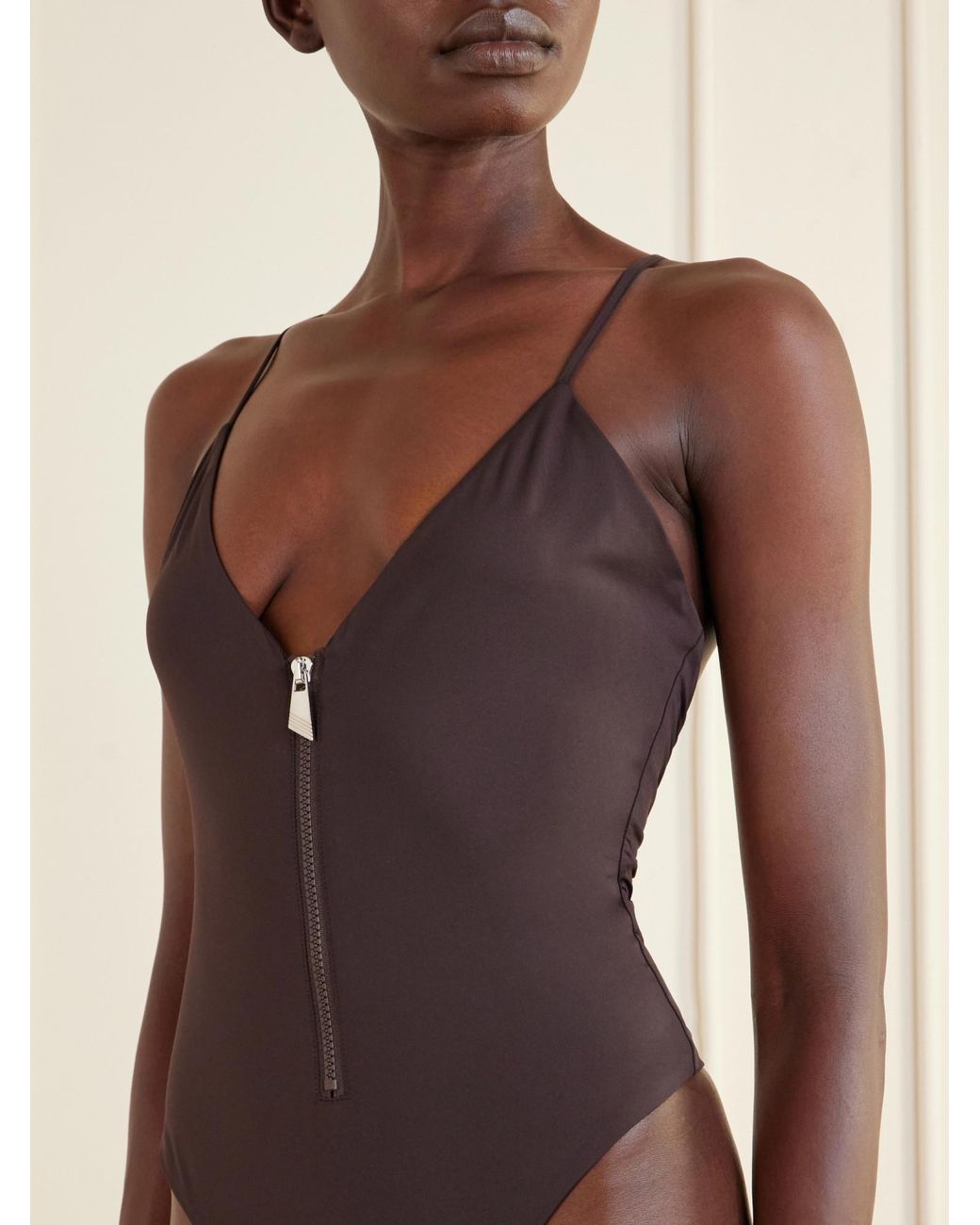 The Attico Brown Half-Zip One-Piece Swimsuit