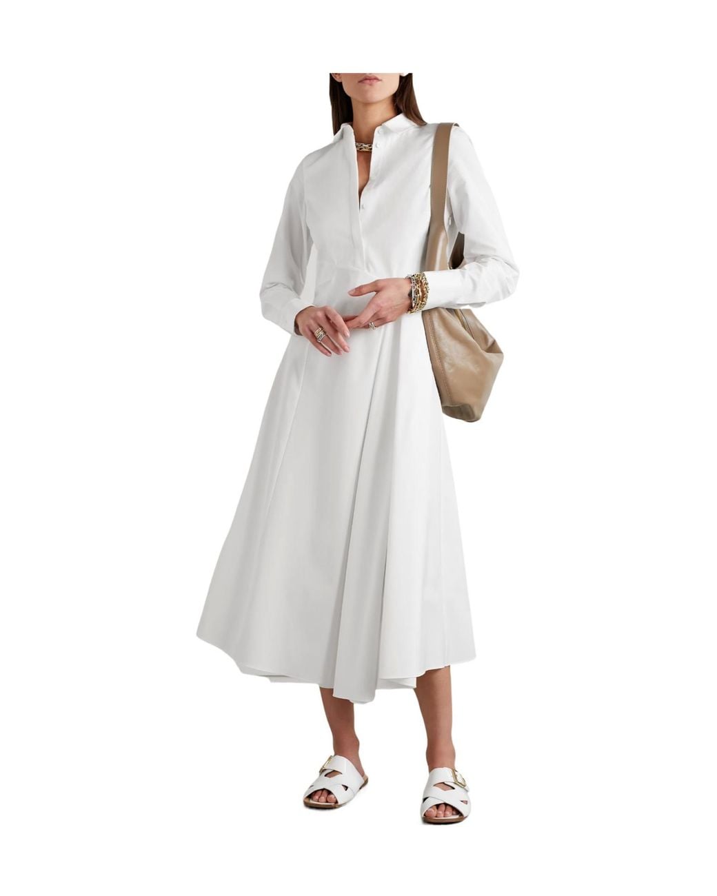 Lafayette 148 New York White Draped Cotton-Poplin Midi Shirt Dress