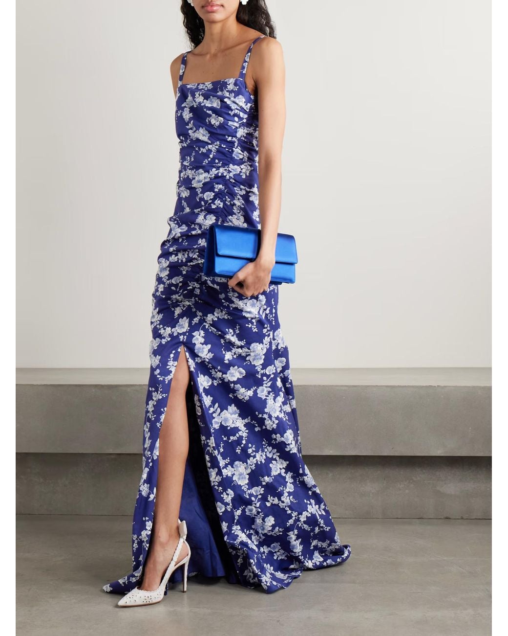 Carolina Herrera Blue Pleated Floral Print Dress