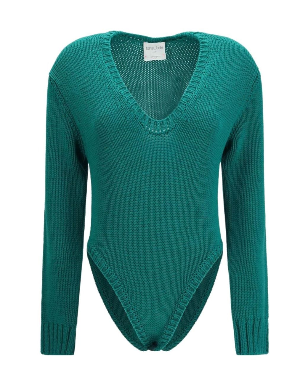 Forte_forte Green Cable Knit V-Neck Bodysuit