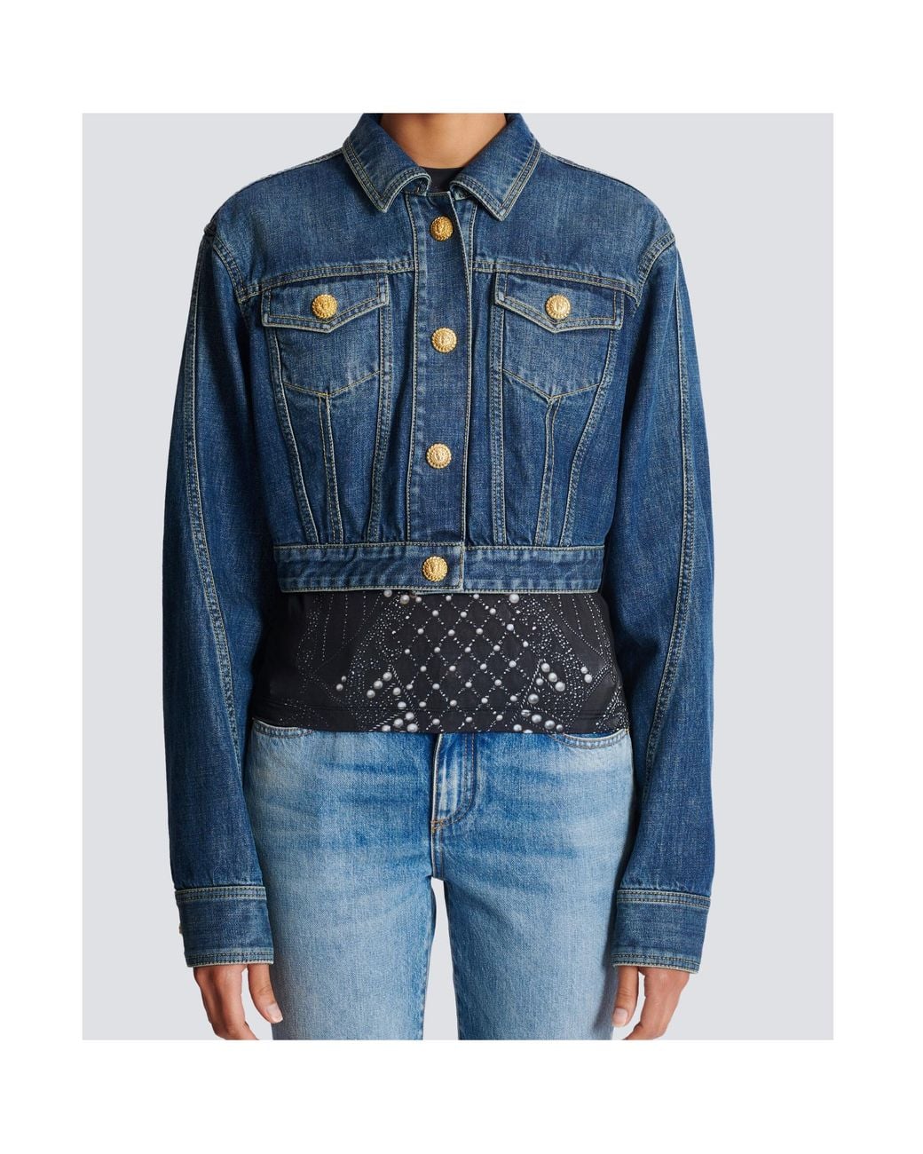Balmain Blue Cropped Faded Denim Jacket