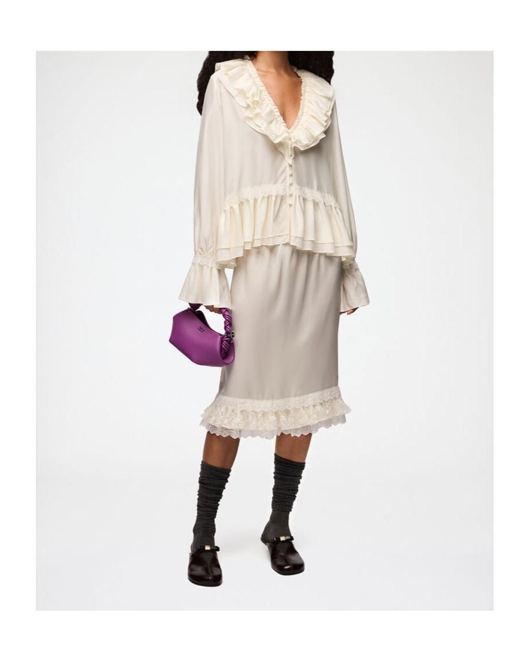Ganni Natural V-Neck Ruffled Lace-Trim Blouse