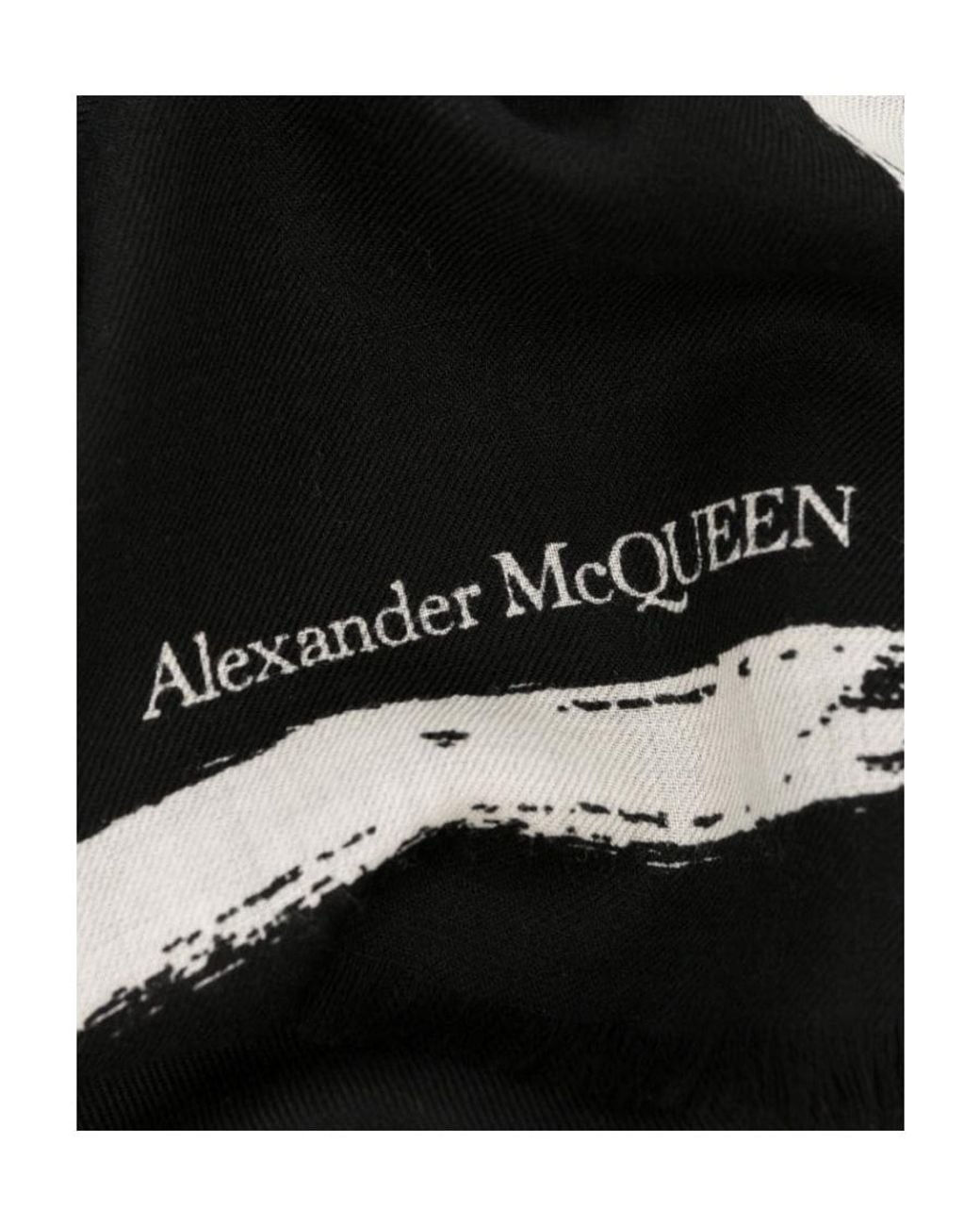 McQueen Black Graffiti-Printed Frayed Edge Scarf