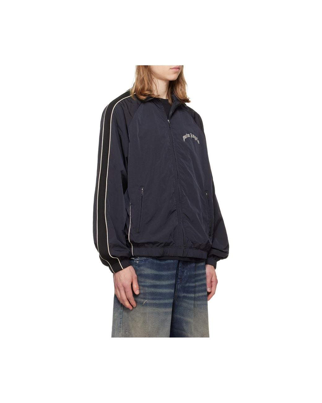 Palm Angels Black Curved Logo Vintage Track Windbreaker for men