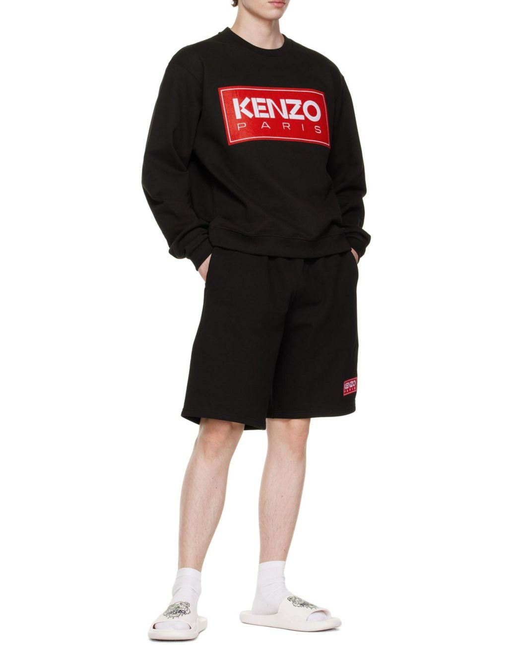 KENZO Black Logo-Patch Mid-Rise Shorts for men