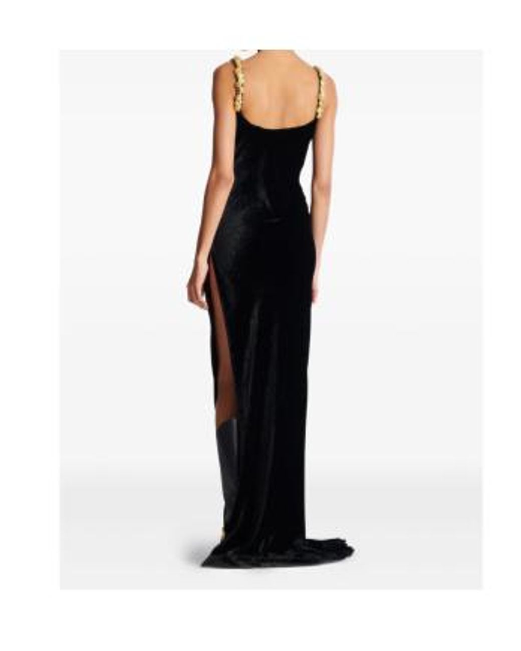 Balmain Black Velvet Button-Strap Maxi Dress