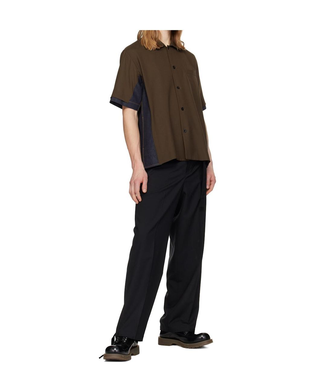 Sacai Brown Suiting Wool Blend Short-Sleeve Denim Shirt for men