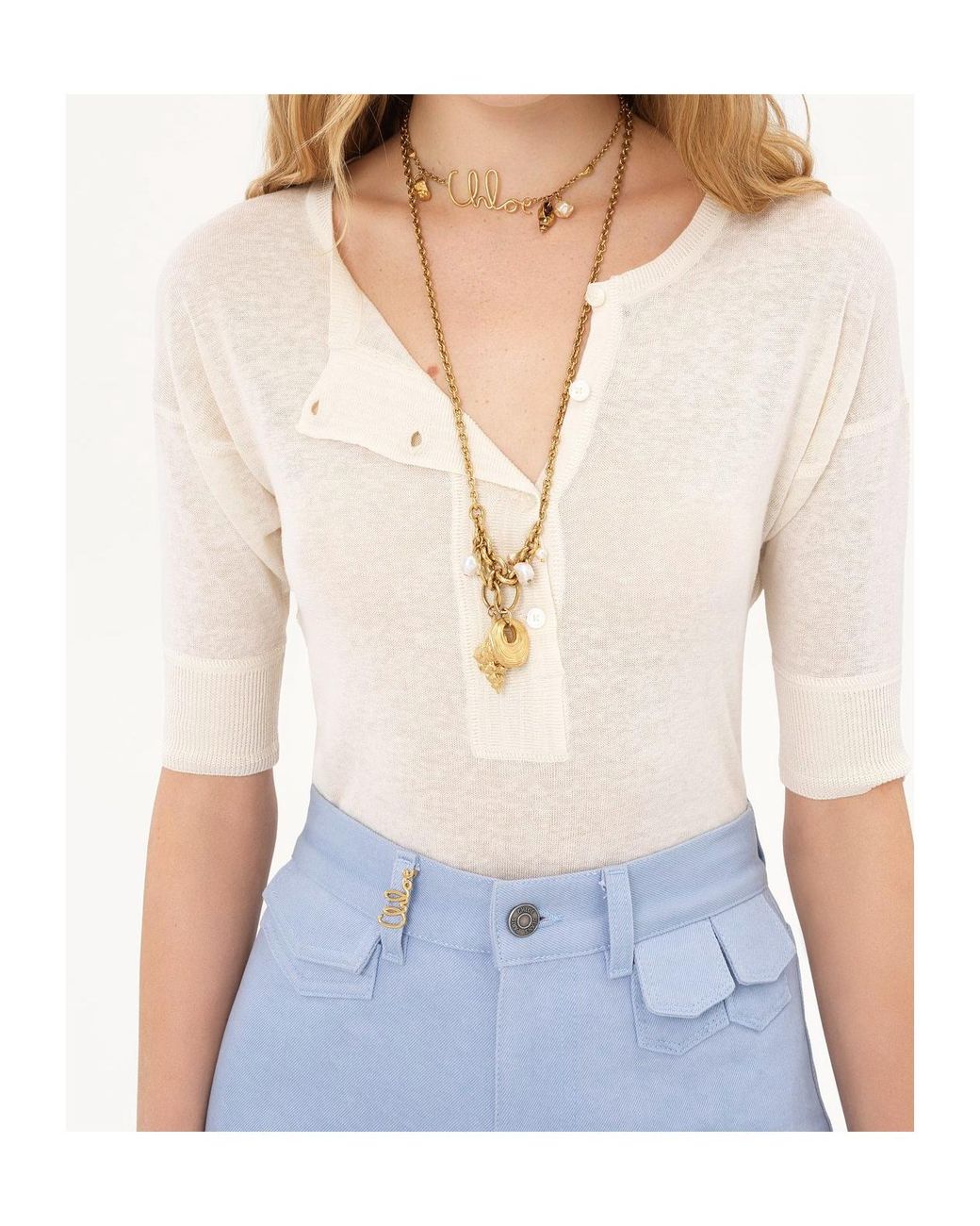 Chloé White Chloé Short-Sleeved Henley Shirt