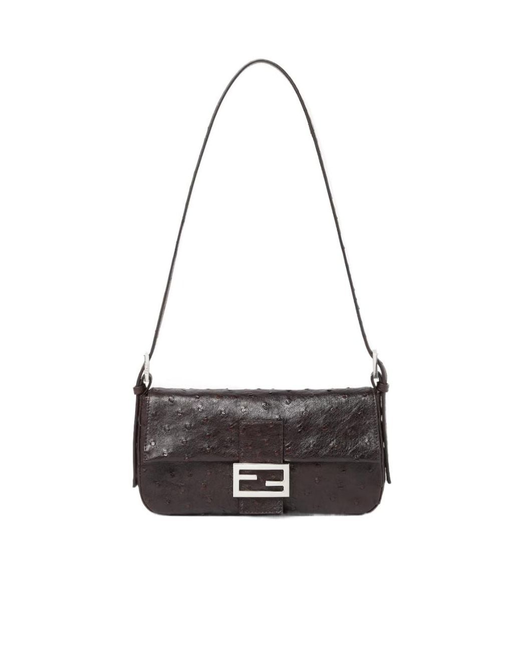 Fendi Black Baguette 26424 Dark Ostrich Leather Bag