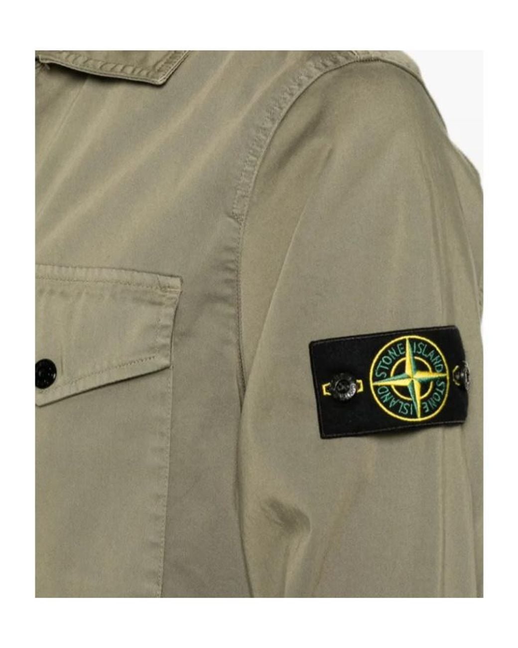 Stone Island Green Logo-Patch Zip-Up Cotton Shirt for men