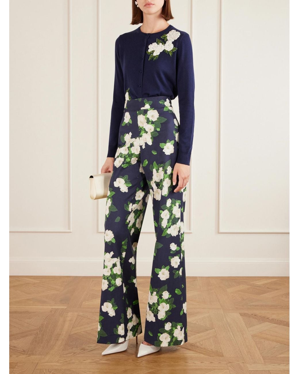 Carolina Herrera Blue Floral-Embellished Cardigan