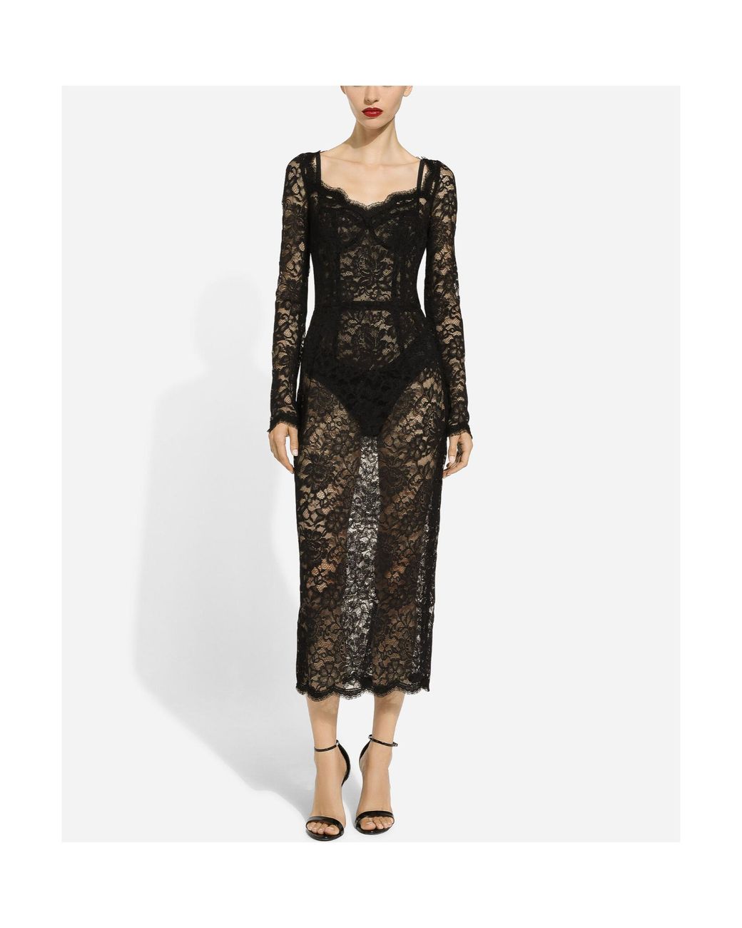 Dolce & Gabbana Black Semi-Sheer Lace Midi Dress