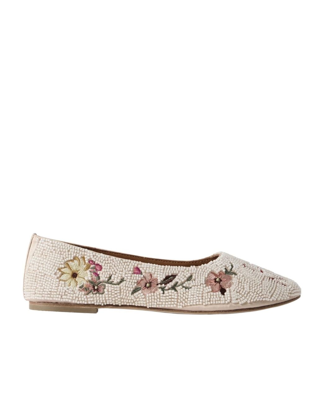 Staud White Beaded Embroidered Satin Ballet Flats