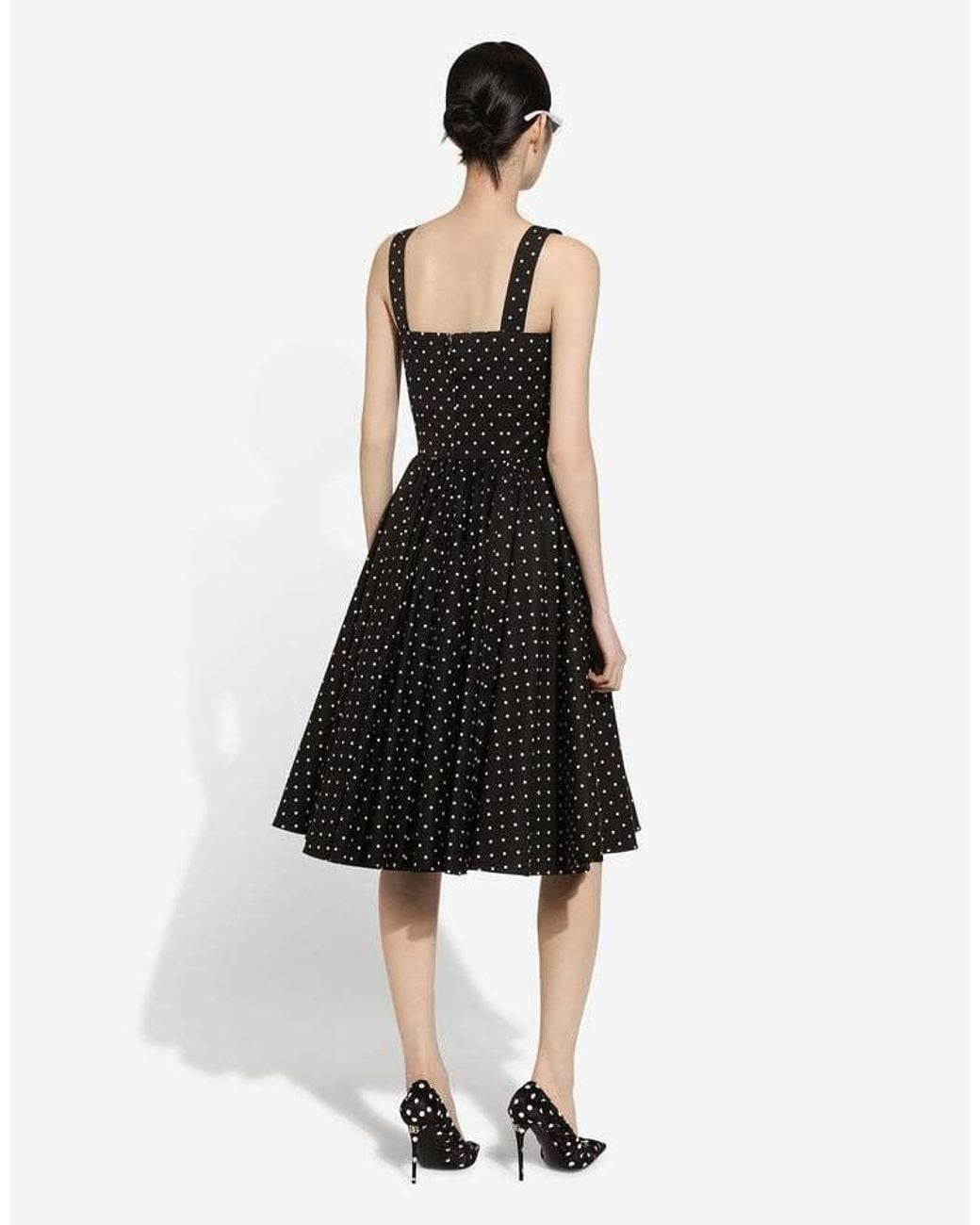 Dolce & Gabbana Black Calf-Length Cotton Dress With Polka-Dot