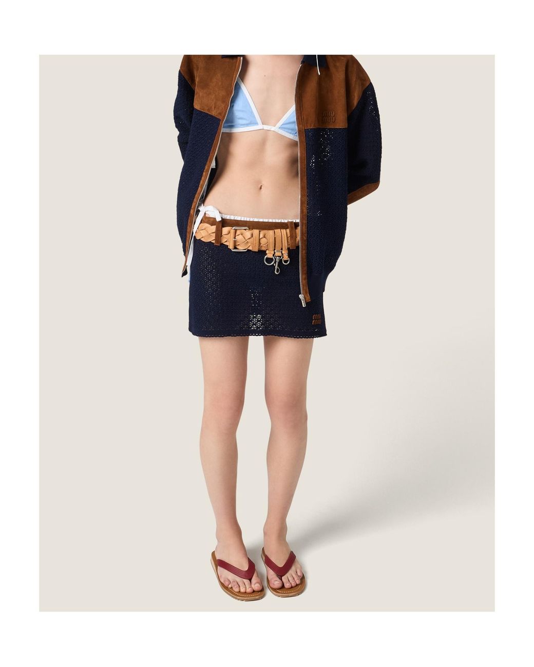 Miu Miu Blue Cotton Crochet And Suede Miniskirt