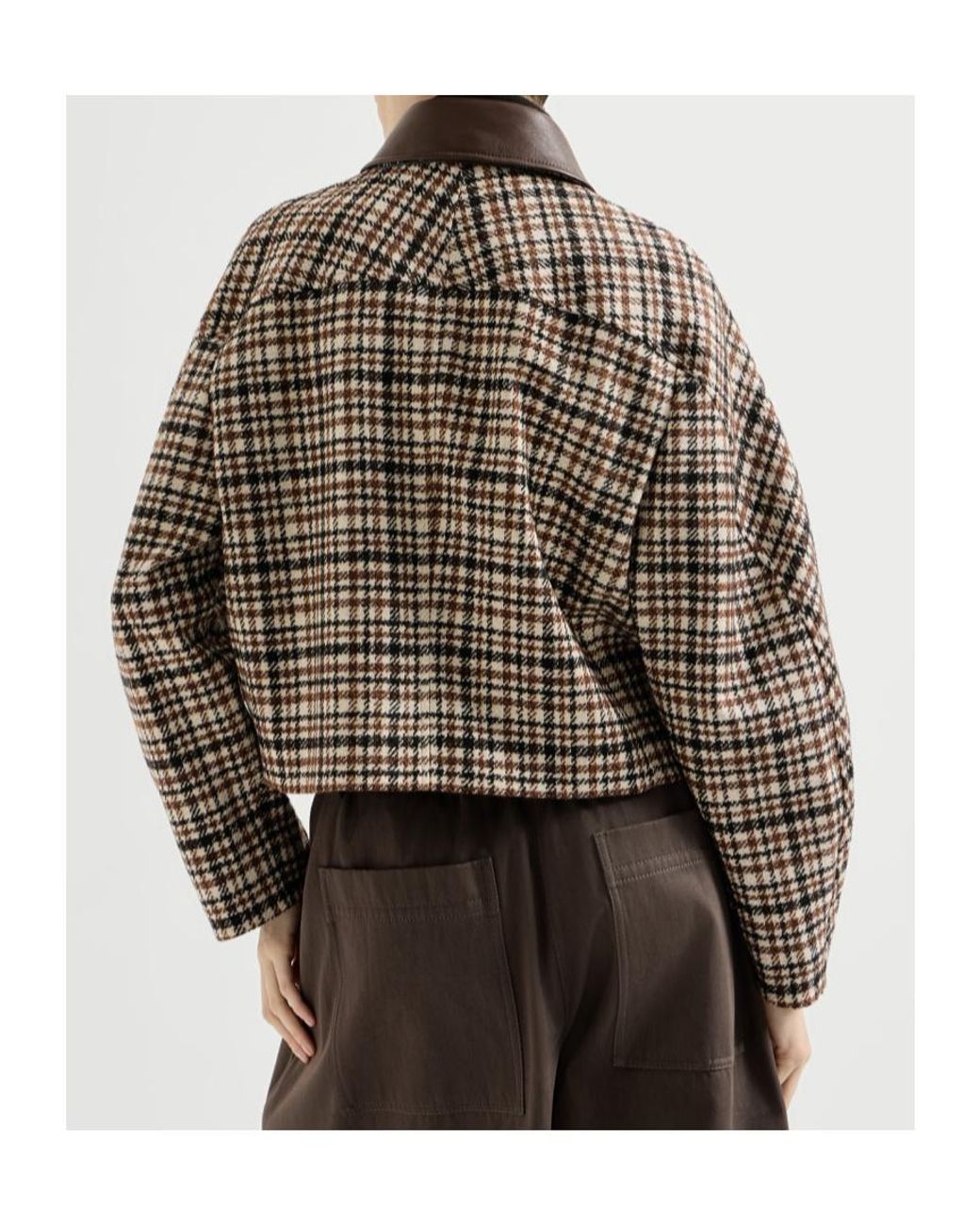 Brunello Cucinelli Brown Comfort Checked Wool And Alpaca Outerwear Jacket With Leather Collar And Monili