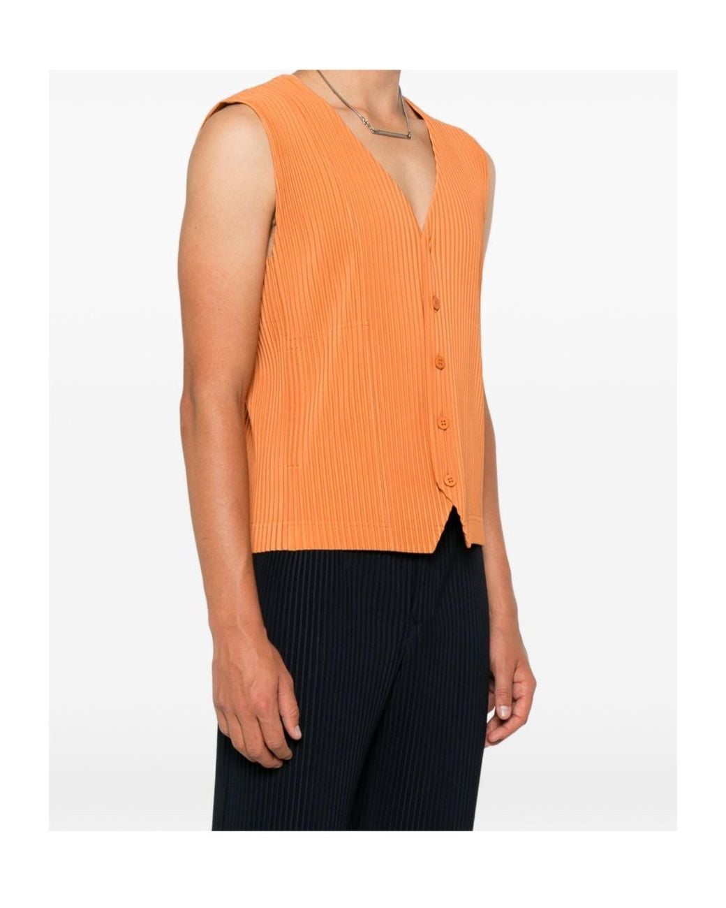 Homme Plissé Issey Miyake Orange Plissé-Effect V-Neck Sweater for men