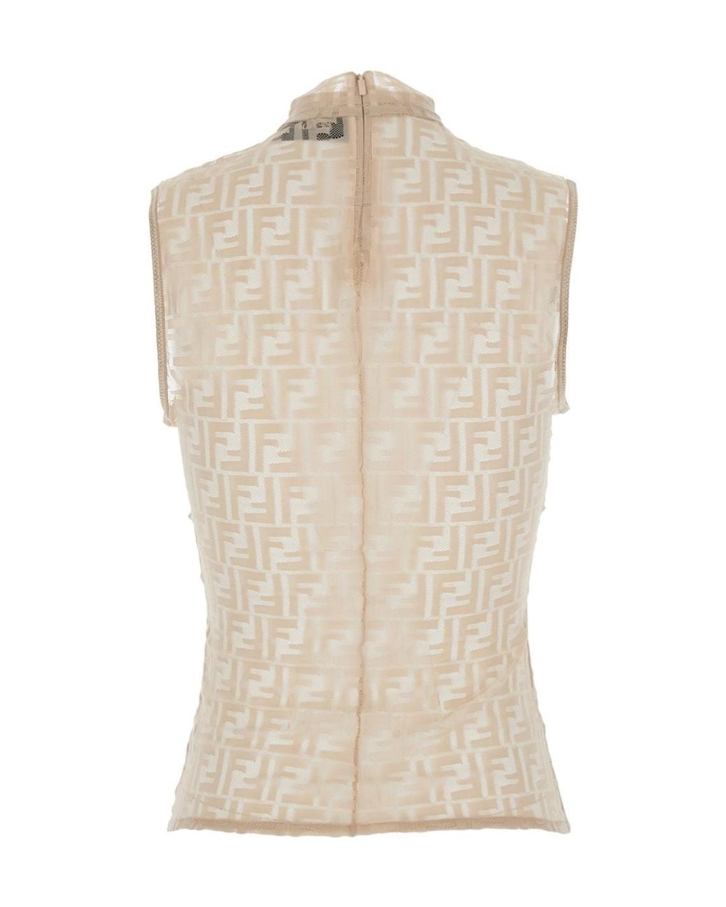 Fendi Natural Crewneck Sleeveless Top With All-Over Ff Motif And Rear Zip Closure