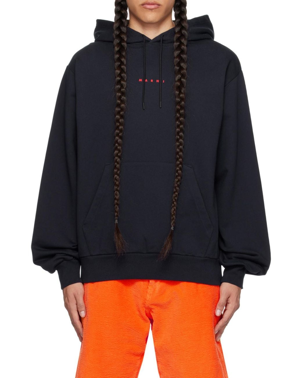Marni Blue V-Neck Hoodie For Featuring A Kangaroo Pocket And Logo for men