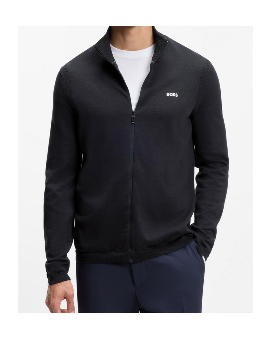 Boss Blue Knitted-Cotton Cardigan With Contrast Logo for men