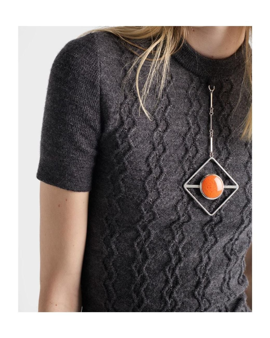 Prada Gray Short-Sleeve Knit Sweater With Pendants